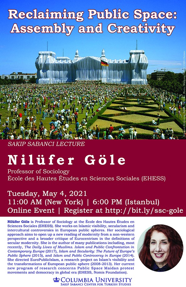 Poster advertising Nilufer Gole's talk "Reclaiming Public Space: Assembly and Creativity"
